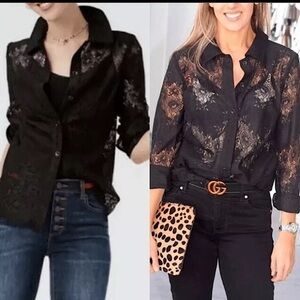 Cabi 3758 St. Regis Blouse black sheer lace button up goth witchy‎ whimsy top
